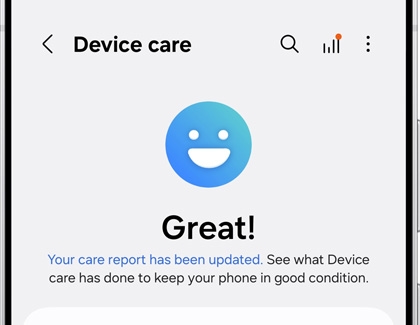 Device care screen on the Galaxy S25 Ultra displaying a Great status with a smiling face icon.
