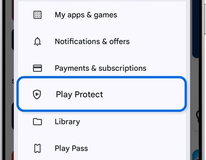 Galaxy S25 Ultra showing Play Protect option in Google Play menu.