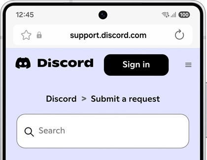 Galaxy S25 Ultra browser on Discord support page with submit a request option.