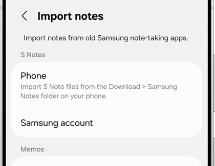 Import notes screen with options to import from phone or Samsung account.