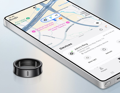 A Galaxy S25 displaying a map with different device locations next to a Galaxy Ring.