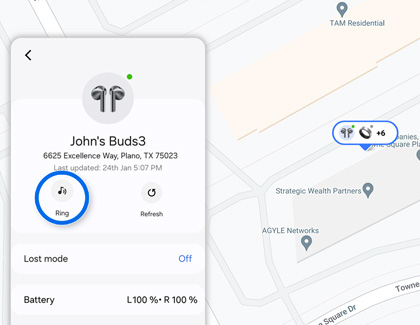 The Samsung Find website displaying various device locations and a Galaxy Buds3 screen.