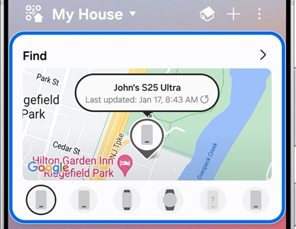 The SmartThings Find map with a Galaxy Buds3 screen.