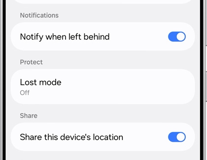 More options displayed in SmartThings Find, such as Navigate, Notify when left behind, and Lost mode.