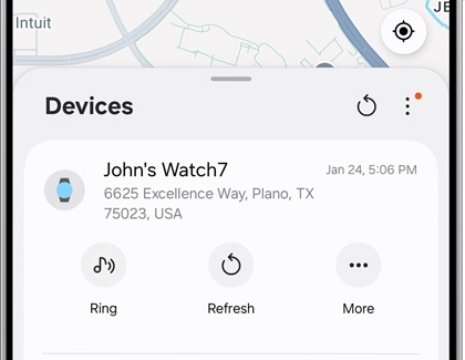 Location and options for a Galaxy Watch7 displayed on the Samsung Find screen.