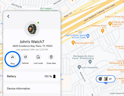 The SmartThings Find website map displaying the location of a Galaxy Watch7 alongside device options, such as Ring.