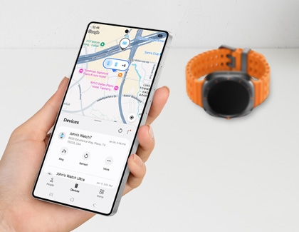 A Galaxy S25 displaying a map containing different device locations, with a Galaxy Watch Ultra in the background.