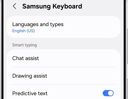 Samsung Keyboard settings showing options like Chat assist, Drawing assist, and Predictive text.