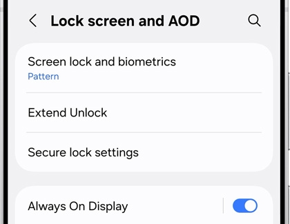 Galaxy S25 Ultra lock screen and AOD settings with options for Screen lock and biometrics, Extend Unlock, and Always On Display.