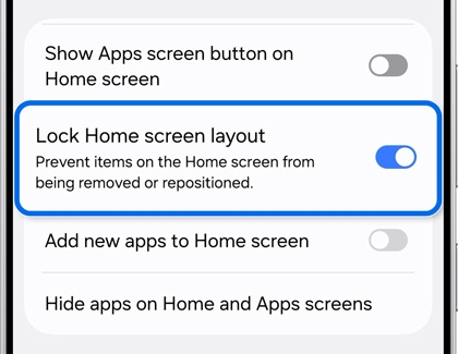 Settings menu on the Galaxy S25 Ultra with Lock Home screen layout option toggled on.