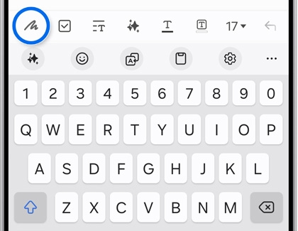 Galaxy S25 Ultra keyboard showing handwriting mode icon highlighted.