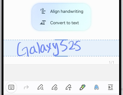 Galaxy S25 Ultra handwriting mode with Galaxy S25 written and options to align handwriting or convert to text.