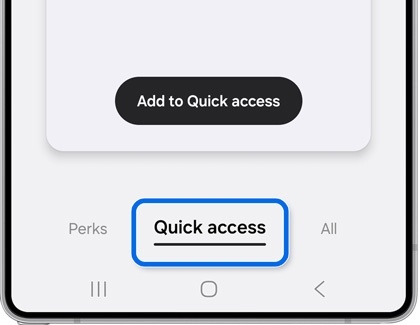 Samsung Wallet app showing the Quick Access tab highlighted, allowing users to manage default cards.