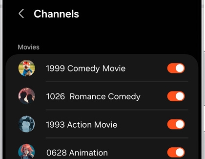 Galaxy S25 Ultra showing a channel management screen with toggles for movie categories like Comedy, Romance, and Action.