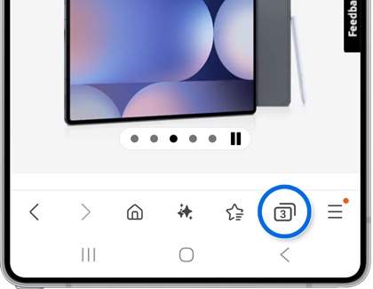 Samsung Internet screen displaying a webpage with navigation icons at the bottom. The tabs icon is highlighted with a blue circle.