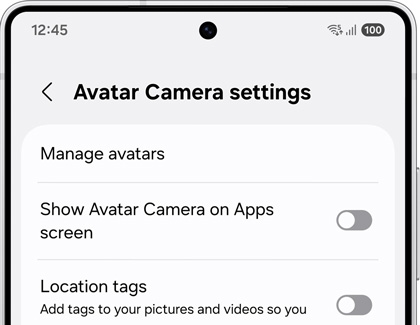 Avatar Camera settings screen on a Galaxy S25, showing options to manage avatars, enable the Avatar Camera on the Apps screen, and toggle location tags