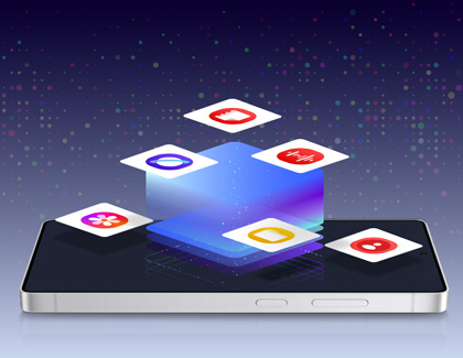 Various Samsung app icons displayed on top of the Galaxy S25 device.