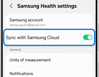 The Sync with Samsung Cloud option highlighted on the Samsung Health settings screen.