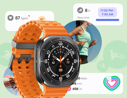 A Galaxy Watch Ultra in front of various Samsung Health icons and features, such as heart rate, sleep time, and steps.