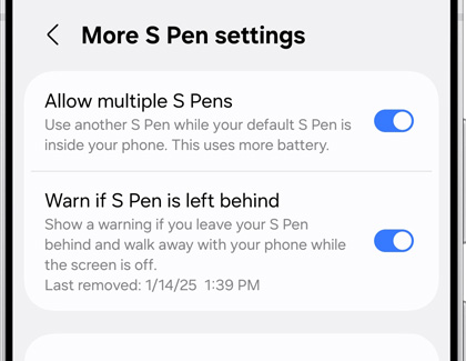 More S Pen settings screen, displaying options for Allow multiple S Pens and Warn if S Pen is left behind.