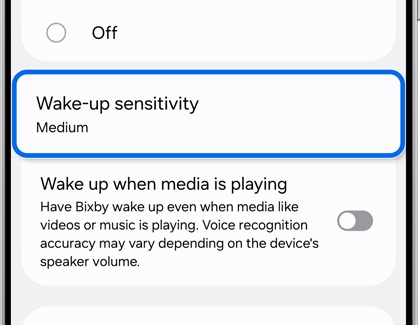 Galaxy S25 Ultra showing Bixby Voice wake-up settings with Wake-up sensitivity set to Medium.