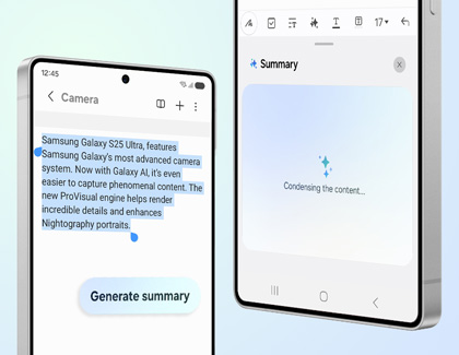 Generate summary feature condensing selected text in Samsung Notes.