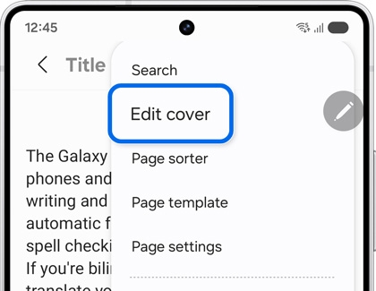 Menu in Samsung Notes to enable and edit notebook covers.