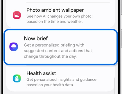 A screen highlighting the Now Brief feature for personalized content updates and actions on a Galaxy device.
