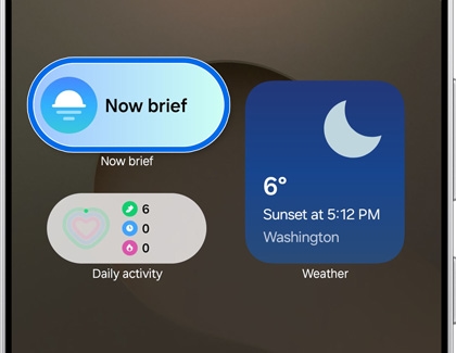 Home screen with Now Brief, Daily Activity, and weather widgets showcasing customizable content updates.