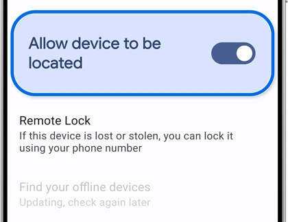 Galaxy S25 screen showing the Find My Mobile option with Allow device to be located enabled.
