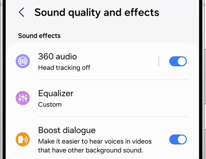 The Sound quality and effects settings screen in the Galaxy Wearable app.