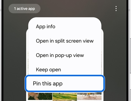 Pin this app option highlighted in recently opened apps screen