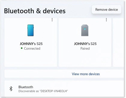 Bluetooth and devices settings on a Windows PC showing a Galaxy S25 Ultra connected and paired.