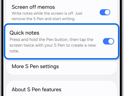 Quick notes option highlighted in the S Pen screen.