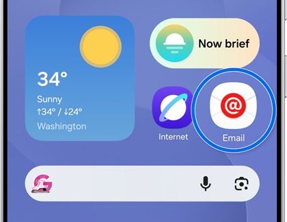 A Galaxy S25 home screen showing the Samsung Email app icon circled in blue next to various widgets.