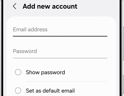 A Galaxy S25 showing the Add new account screen with text fields for Email address and Password.