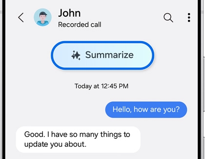 The Summarize button highlighted in a recorded call transcript on a Galaxy S25 Ultra.