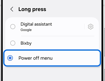 Long press settings menu on a Samsung Galaxy device with Power off menu highlighted.