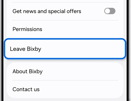 Settings screen on a Galaxy device showing the option Leave Bixby highlighted in the menu.