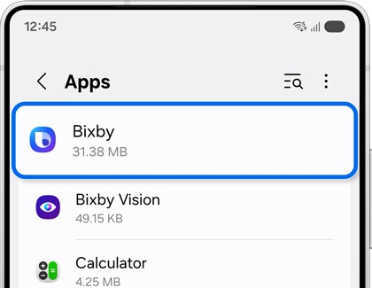 Apps menu on a Galaxy device with Bixby highlighted.