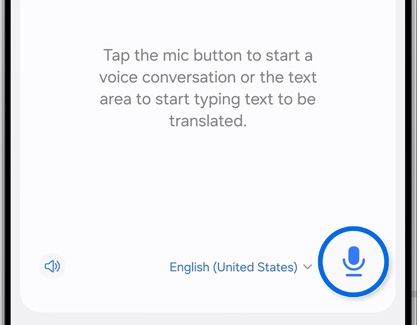 Galaxy S25 Ultra showing Interpreter app with mic button highlighted.