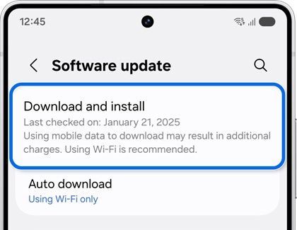 Software update screen with Download and install option highlighted.