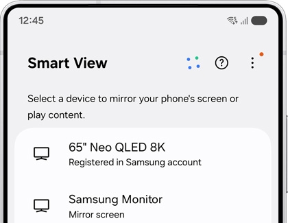 Smart View interface on the Galaxy S25 Ultra showing available devices for screen mirroring, including a 65