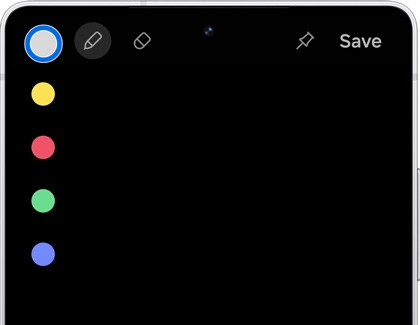 Different options displayed on the Screen off memo screen, such as colors, pen type, eraser, pin, and Save.
