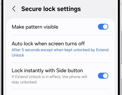 Galaxy S25 Ultra secure lock settings with options like Make pattern visible, Auto lock when screen turns off, and Lock instantly with Side button.