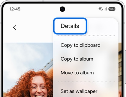 Galaxy S25 Ultra displaying a More options menu with Details highlighted in the Gallery app