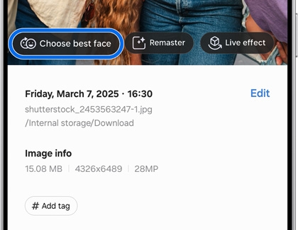 Galaxy S25 Ultra displaying image details with Choose best face highlighted