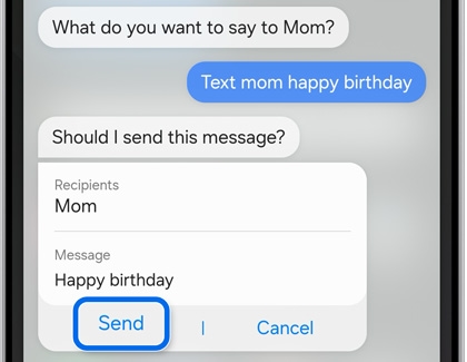 Bixby Voice interface on a Samsung Galaxy device showing a text message to Mom with the Send button highlighted.