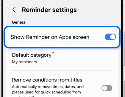 Reminder settings screen on a Galaxy phone with Show Reminder on Apps screen toggle highlighted and set to on.