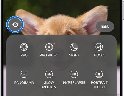 Camera interface on a Galaxy phone displaying the Bixby Vision icon highlighted.